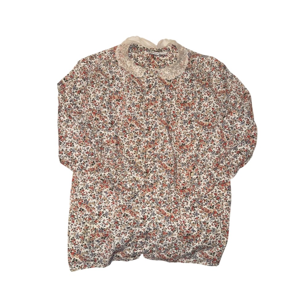 Vintage Vehicles Cottagecore Calico Blouse Lace Collar Cotton Long Sleeve Top
